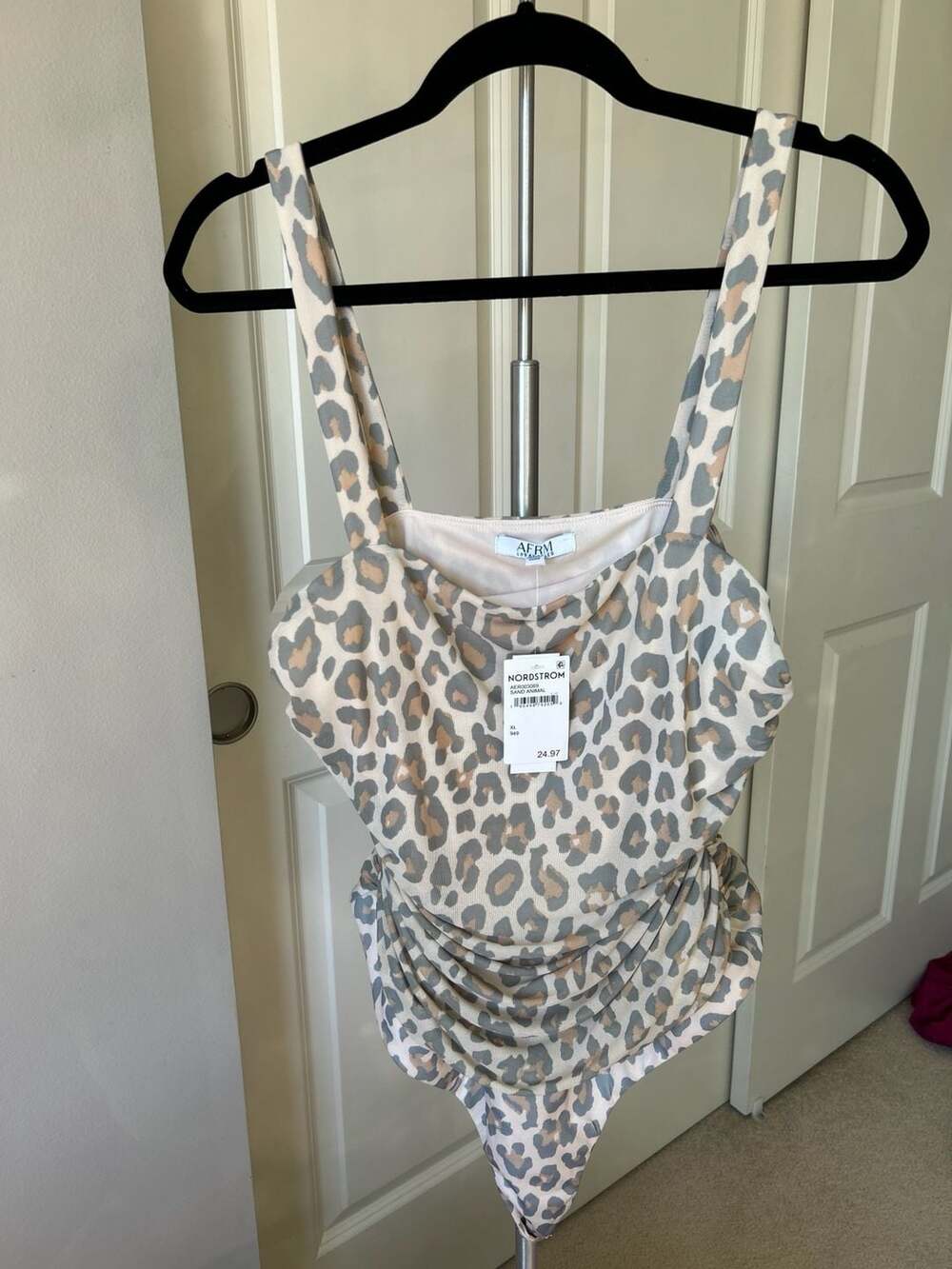 AFRM Sand Animal Print Ruched Square Neck Bodysuit Size XL
